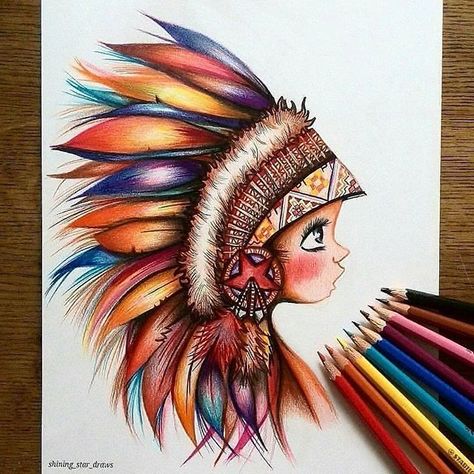 Pencil Colour Painting, Color Pencil Sketch, Colored Pencil Artwork, Indian Headdress, Seni 2d, Colored Pencil Drawing, Pencil Art Drawings, Art Drawings Sketches Creative, Color Pencil Drawing