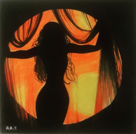 Dark Colour Painting, Sillhoute Art Painting, Female Silhouette Painting, Silowets Art, Silhoutte Ideas Art Nature, Silouttes Art Painting, Silohette Artwork Easy, Silhouette Art People, Silluet Paintings