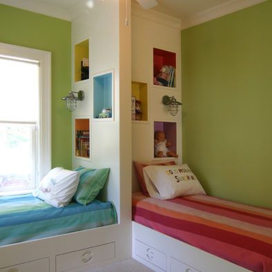 Sleeping the masses. Here's what I like about this - easy to make beds with  storage space underneath,  and tiny nooks to add personality and color. Boy And Girl Shared Bedroom, Bed Furniture Set, Kids Rooms Shared, Shared Kids Room, Shared Girls Bedroom, Child Bedroom, Bed In Corner, Modern Kids Room, Kids Bedroom Designs