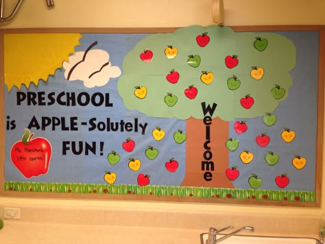 Welcome back bulletin board Bulletin Board Ideas For Preschool Back To School, Fall Welcome Boards Preschool, Preschool Classroom Welcome Board, September Pre K Bulletin Boards, Back To School Bulletin Boards Apples, New Class Bulletin Board Ideas Preschool, Welcome Back To School Bulletin Boards Pre K, Welcome Wall For Preschool, August Bulliten Board