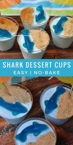 Easy Kid Snacks- Shark Cups | A fun way to celebrate shark week or an under the sea birthday party. Shark Bait Snack, Shark Jello Cups, Dessert Cups Easy, Shark Week Food, Shark Snacks, Cupcakes Kids, Kids Birthday Party Food, Shark Craft, Ocean Birthday Party