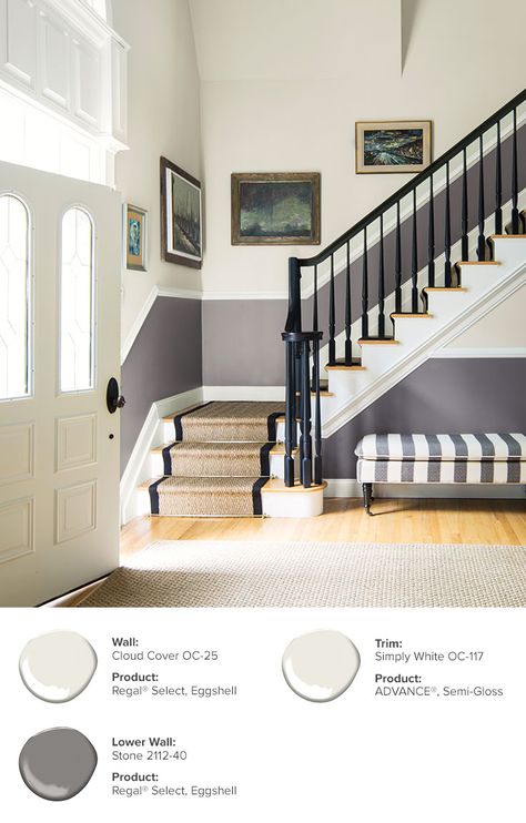 A little contrast can go a long way in making a memorable entrance. Wall: Cloud Cover OC-25, Regal® Select Interior, Eggshell // Lower Wall: Stone 2112-40 Regal® Select Interior, Eggshell // Trim: Simple White OC-117, ADVANCE®, Semi-Gloss. Entryway Color Ideas, Entryway Color, Entryway Colors, Manchester Tan, Stairway Decorating, Accent Wall Colors, Park Slope, Interior Painting, Design Seeds