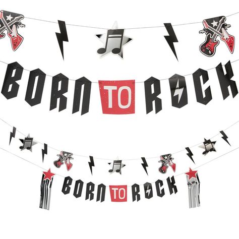 This decoration is a rockin' addition to any celebration! Featuring an assortment of fun icons like guitars, stars and foil fringe streamers with the message "Born to Rock", this garland is perfect for rock star, rock 'n roll and 80s-themed birthday parties and events. Hang it above the food and cake table, entrance or anywhere throughout the event space. Jam your way over to this website for more rock star-themed decorations and party supplies! Cardstock. (2 pcs. per set) 9 ft. x 14" © OTC Rock Of Ages Theme Party, Rock And Roll Theme Party Outfit, Rock N Roll Party Ideas, Rock And Roll Theme Party, Fringe Streamers, 55th Birthday Party Ideas, Rock Star Theme, Elvis Birthday, Born To Rock