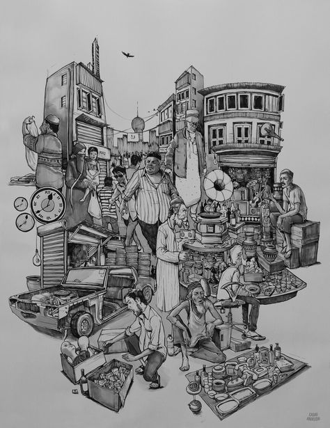 Society Drawings Illustration, Mumbai Sketch Art, Future India 2050 Drawing, Chor Bazar Mumbai, Livelihood Art, Mumbai Sketch, Scenario Sketch, Rush Drawing, Society Artwork