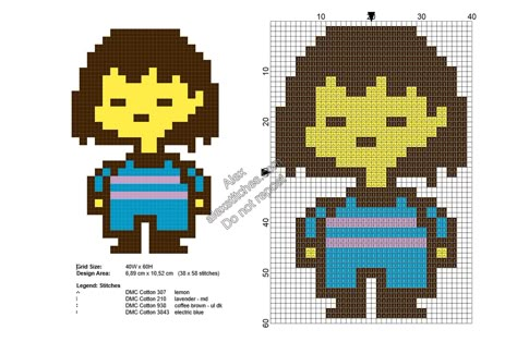 Frisk The Human from Undertale videogame free cross stitch pattern 38x58 Bioshock Cross Stitch, Undertale Alpha Pattern, Undertale Cross Stitch, Stitch Presents, Embroidered Number, Frisk Undertale, Pixel Grid, Free Cross Stitch Pattern, Free Cross Stitch Patterns