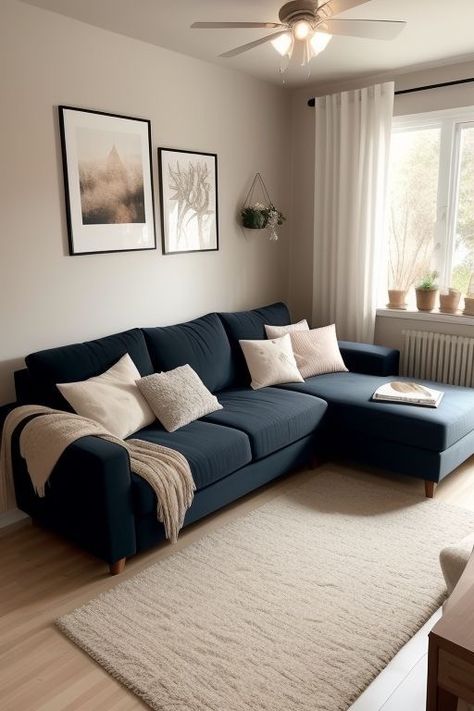 Home Office Themes, Sofa Ideas Living Room, Navy Sofa Living Room, Apartments Living Room, Stylish Living Room Ideas, Rich Vibes, Blue Sofas Living Room, Blue Couch Living Room, Lounge Room Design