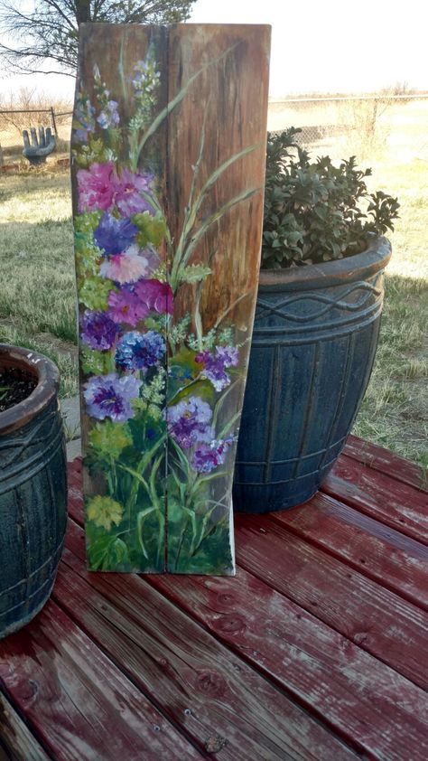 Painted Welcome Signs On Wood With Flowers, Painting On Barnwood Ideas, Floral Painted Wood Floor, Painted Barn Wood Art, Painting On Barnwood, Flowers On Wood Painting, Painted Vines On Wood, Acrylic Painting On Wooden Board, Tall Painting Ideas