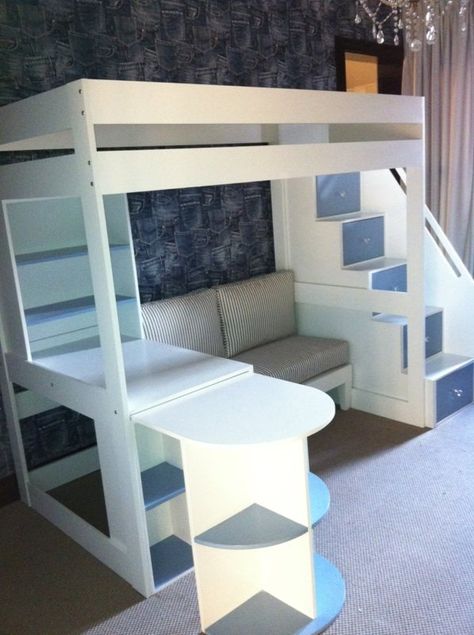 Double loft bed with desk Bed With Stairs And Desk, Bed With Desk Underneath, Loft Bed With Stairs, Double Loft Beds, Bed With Stairs, A Loft Bed, Futon Bunk Bed, Loft Bed With Desk, Bunk Bed With Desk