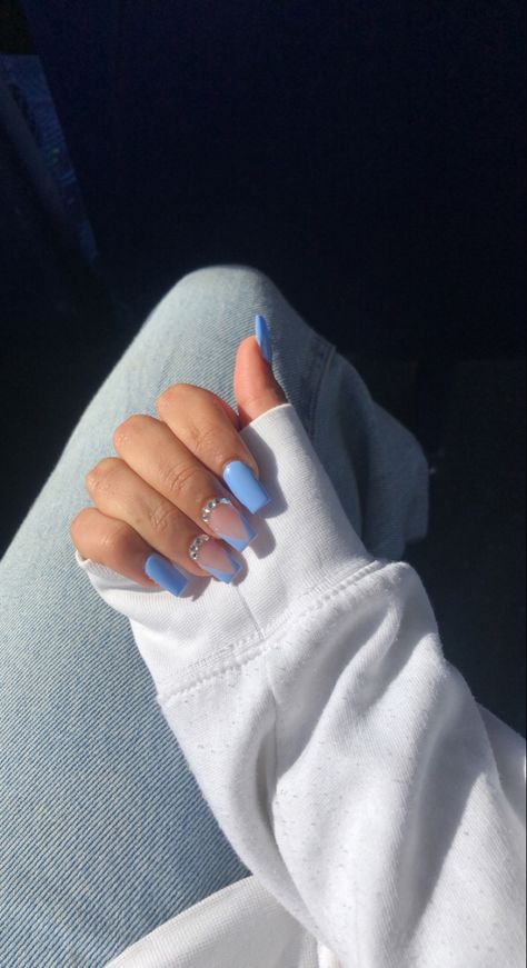 blue french tip nails gems rhinestones 1.5 Blue French Tip, Blue And White Nails With Rhinestones, Blue French Tip With Rhinestones, Blue Nails With French Tip, Blue Coffin Shape Nails, Nail White And Blue, Sky Blue French Tip 1.5, Blue Nails With Gems, Blue Rhinestone Nails