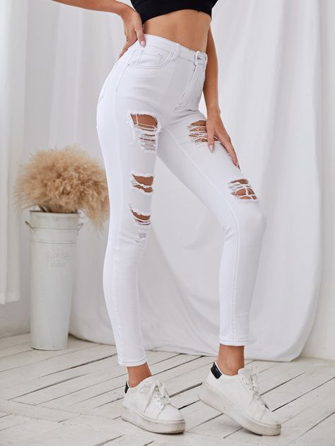 White    Denim Plain Skinny Embellished High Stretch  Women Denim White Ripped Jeans Outfit, Cut Up Jeans, White Jeans Girls, Girls Ripped Jeans, Cute Ripped Jeans, Ripped Jeans Women, Ripped Jeans Outfit, White Ripped Jeans, Pants Outfit Casual