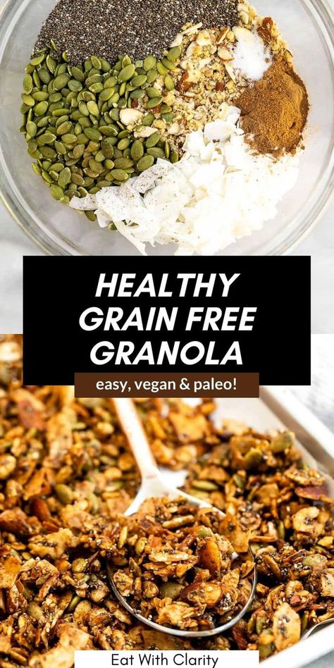 Best Vegan Granola, Natural Granola Recipes, Grain Free Gluten Free Recipes, Whole 30 Granola Recipe, Whole 30 Cereal, Vegan Gluten Free Granola, Grain Free Dairy Free Meals, No Oat Granola Recipe, No Carb Granola