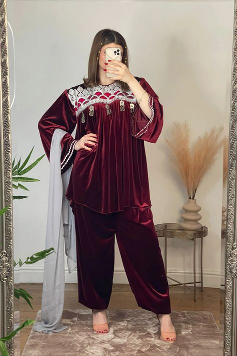 Afghani Modern Maroon Velvet Short Dress For Afghani Girls Velvet Short Dress, Velvet Suit Design, Hilarious Dogs, Afghani Dresses, Afghani Dress, Velvet Dress Short, Afghani Clothes, Pakistani Women Dresses, Velvet Dress Designs