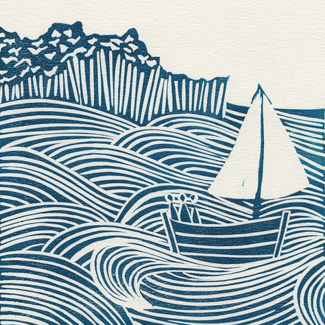 'Sea Days'. Limited edition linocut print. My linocut prints are inspired by nature; my love of gardening and the great British countryside. My interest in 1950s textiles and ceramics also influences much of my work. I love exploring the countryside by bike or on foot, camera in hand, capturing ideas for my next prints. www.michellehughes.co.uk Linocut Printmaking, Lino Art, Linocut Art, Woodcuts Prints, Beach Crafts, Sgraffito, Coastal Art, Lino Print, Woodblock Print