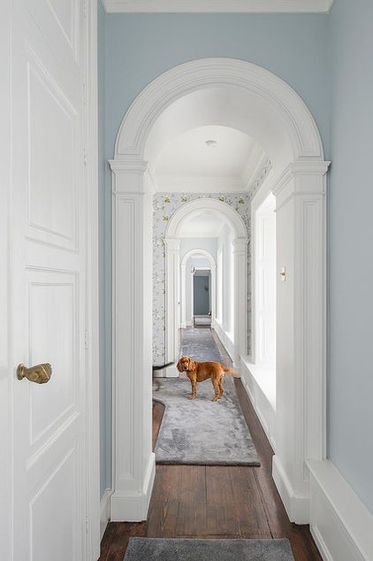 Wonderful casing around the archway...Farmhouse Hall by Gareth Byrne Photography Ireland Farmhouse, Villa Hallway, Kildare Ireland, Victorian Hall, Stud Farm, Victorian Hallway, Budget Remodel, Arch Doorway, Upstairs Hallway