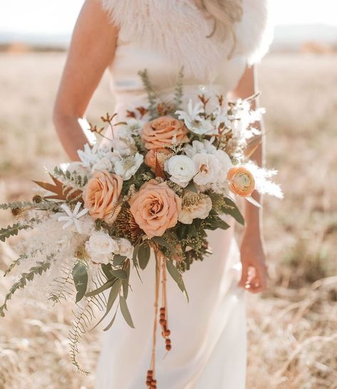 Bouquet Wedding Hanging, Dessert Rose Dresses, Dusty Peach Wedding, Peach And Green Flowers, Vow Renewal Flowers, Fishbone Fern, Soft Peach Wedding, Wedding Bouquets Peach, Green And Peach Wedding