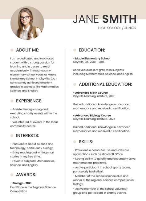 Cv Template Student, High School Resume Template, High School Resume, College Resume, Advanced Mathematics, Resume Layout, Student Resume Template, Docs Templates, Student Resume