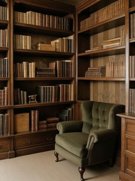 Create an old library aesthetic in your bedroom by incorporating bookshelves filled with classic novels. Add vintage-inspired wallpaper and a tufted armchair for a cozy reading nook. Library Bedroom Aesthetic, Library Bedroom Ideas, Old Library Aesthetic, Tufted Armchair, Library Bedroom, Classic Novels, Dream Library, Old Library, Library Aesthetic