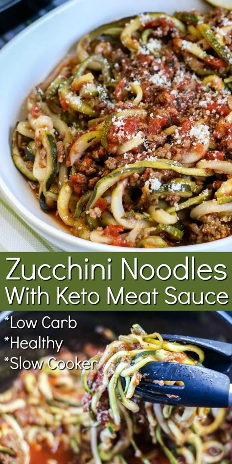 Zucchini Noodles With Keto Meat Sauce - Slow cooker spaghetti zoodles recipe that's hearty and low carb! They taste just like the real thing.  #keto #ketodiet #Ketorecipes #zoodlesandmeatsauce #zucchininoodles #Ketomeatsauce #dinnerideas #slowcookerdinner #food #recipes Zoodle Recipes Crockpot, Zucchini Noodle Recipes Keto, Keto Zoodle Recipes Low Carb, Keto Zucchini Spaghetti Recipes, Keto Meat Sauce, Zoodle Spaghetti With Meat Sauce, Keto Zoodles Recipes, Zucchini Noodle Spaghetti, Dairy Free Zoodle Recipes