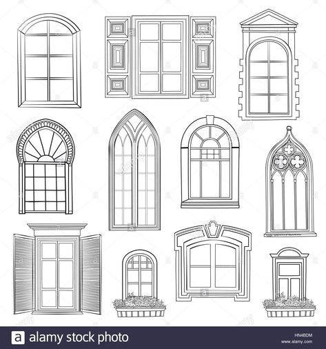 Download this stock vector: Window set. Different architectural style of windows doodle sketch stylish collection - HN4BDM from Alamy's library of millions of high resolution stock photos, illustrations and vectors. Window Drawings, Window Sketch, Building Windows, Drawing Doodles, Gothic Windows, Window Drawing, Architecture Drawing Art, Lukisan Cat Air, Arched Windows