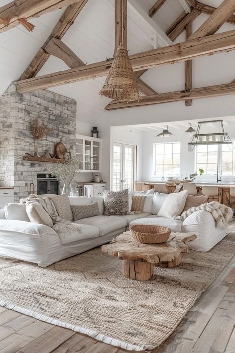 29 Barndominium Interior Ideas You Will Love - My Elegant Home White Exposed Beams, Exposed Beams Living Room, Farmhouse Wall Decor Diy, Living Room Vinyl Flooring, Wall Decor Diy Living Room, Modern Coastal Living Room, Beams Living Room, Timeless Living Room, Farmhouse Living Room Ideas