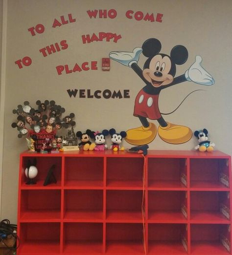 Disney's Mickey Mouse classroom cubbies Disney Prek Classroom, Mickey Mouse Classroom Ideas, Mickey Mouse Classroom Theme, Mickey Mouse Playroom, Daycare Room Decor, Mickey Classroom, Classroom Cubbies, Early Childhood Education Classroom, Mickey Mouse Classroom