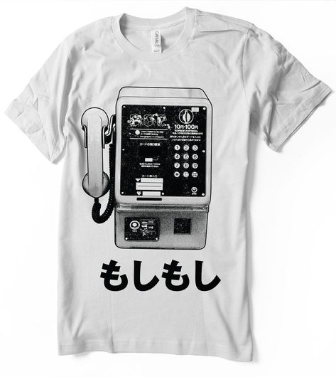 "T-shirt design of a classic public phone in Japan with the Hiragana letters もしもし - \" Moshi Moshi \" which means \"Hello\" when answering the phone. Japanese t-shirt designs inspired by Japanese pop / traditional culture and Anime, T-shirts hand silk-screened with Eco water base fashion inks that makes the ink part of the garment and soft to the touch. unlike thick and rough of plastisol inks commonly used in mass produced clothing as its easier to print. For black garments we use discharge ink Public Phone, Tops Amazon, Winter Purses, Japanese Shirt, Japanese Tshirt, Japan Vintage, Chiffon Floral, Japanese Vintage, Tops Casual