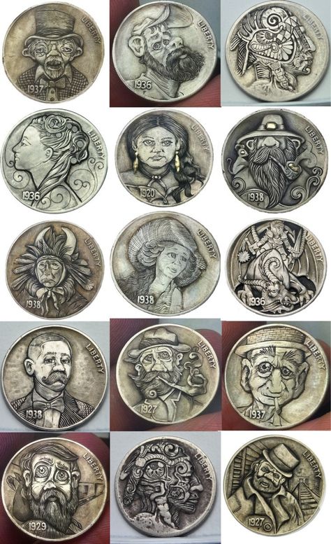 Hobo Nickels. The hobo nickel is a sculptural art form involving the creative modification of small-denomination coins, essentially resulting in miniature bas reliefs. The term hobo nickel is generic, as carvings have been made from many different denominations. Due to its low cost and portability, this medium was particularly popular among hobos, hence the name. Tin Embossing, Hobo Art, Hobo Coins, Pewter Art, Hobo Nickel, Coin Art, Old Coins, Ancient Coins, Coin Jewelry