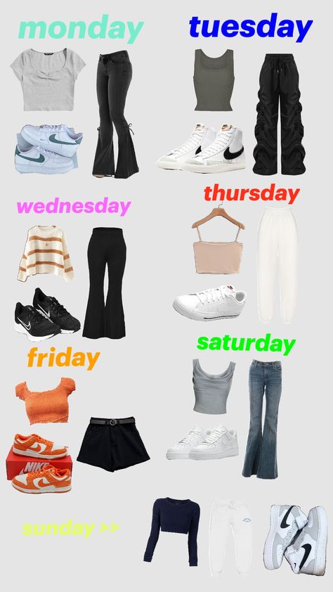 outfits of the week Cute Outfits For The Last Week Of School, Weekly Outfit Planner Summer, Outfits For Last Week Of School, Outfits Of The Week Summer, Outfits For Each Day Of The Week, Monday Outfits, Fits Of The Week, Outfits For The Week, Shuffles Outfits