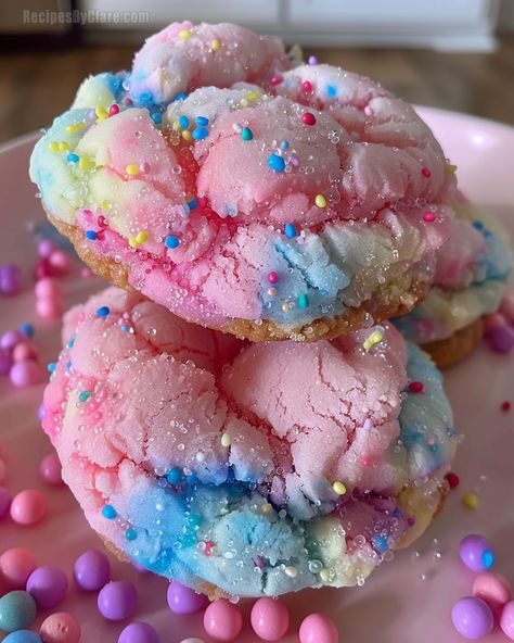 Cotton Candy Cookies - Fun and Whimsical Sweet Treats - Recipes By Clare Pink Sprinkle Cookies, Cotton Candy Crumbl Cookie, Baking With Candy, Pink And Purple Cookies, Cotton Candy Frosting, Sweet Deserts Ideas, Cotton Candy Gushers, Whimsical Food Ideas, Cotton Candy Macarons