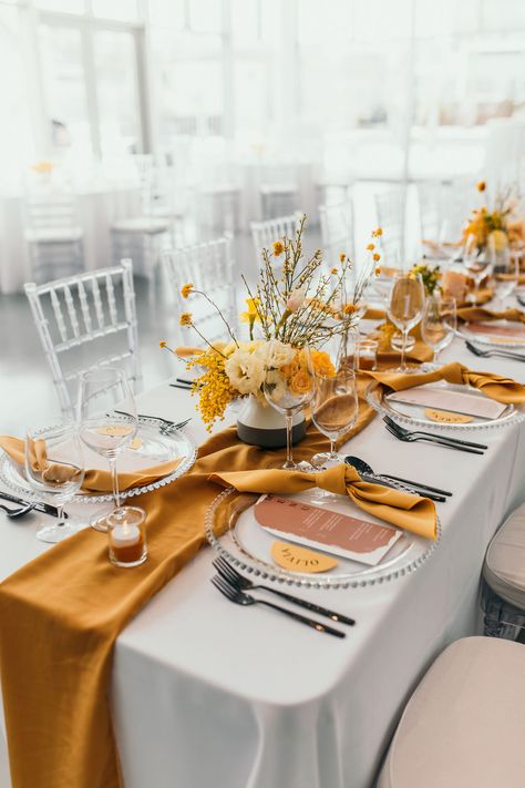 undefined Clear Chiavari Chairs, Tumeric And Honey, Mustard Yellow Wedding, Sunshine Wedding, Yellow Wedding Decorations, Mustard Wedding, Yellow Wedding Theme, Bride Suit, Good Day Sunshine