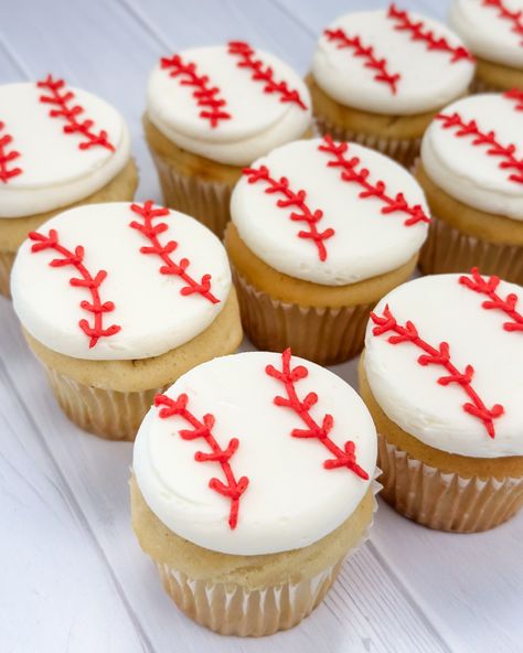 Baseball Cupcakes! ⚾️ @mariners . . . . #hollywoodbakedgoods#EatHBG#seattlewedding#seattlebakery#seattlebaker#seattleeats#bestfoodseattle#seattlefood#seattlecakes#bakery#baking#pnwlife#seattle#bellevue#kirkland#totemlake#customcakes#cakedecorating#mariners#baseball#mlb Decorate Own Cupcake Party Kids, Baseball Cupcake Toppers, Rookie Year Cupcakes, Rookie Year Baseball Cake, Baseball Birthday Cupcakes, Baseball Themed Desserts, Baseball Theme Desserts, Baseball Bday Party Ideas, Baseball Themed Cupcakes