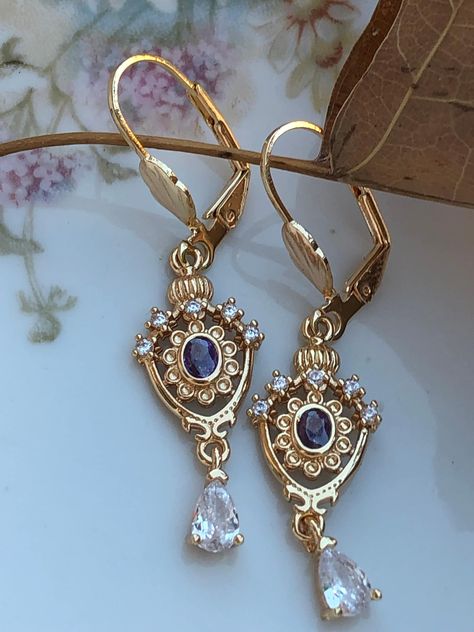 wedding earrings. Victorian dangling earrings, ancient style regency earrings in gold purple and clear white cubic zirconia, gold plated ear wire , gift for her, gold plated lever back, gold plated round and oval zircon stud, royal earrings, princess earrings 1700s Jewelry, Regency Earrings, Victorian Gold Earrings, Royal Earrings, Royal Accessories, Regency Jewelry, Ancient Jewels, Princess Earrings, Victorian Earrings