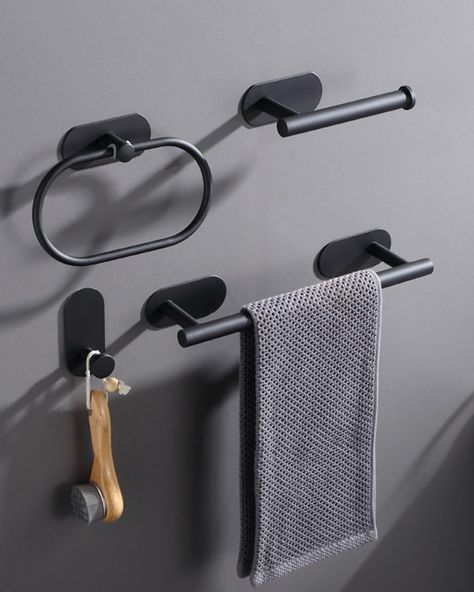 Towel Rack Bathroom Decor, Toilet Accessories Set, Matte Black Bathroom Accessories, Black Bathroom Hardware, Towel Ring Bathroom, Bathroom Accesories, Stainless Steel Bathroom Accessories, Bar Toilet, Bathroom Accessories Design