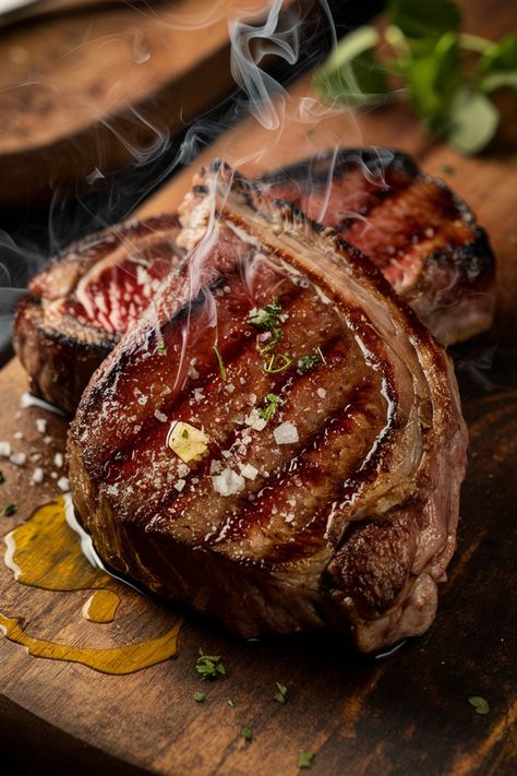 Grilled steak topped with salt and herbs, with steam rising. Rib Eye, Perfect Ribeye Steak, Bbq Ribeye Steak, Iron Skillet Ribeye Steak, Grilled Ribeye Steak Recipes, Ribeye Steak Photography, Cooking Ribeye Steak, Grilled Ribeye Steak, Strip Steak Recipe