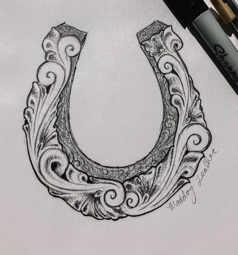 Western Leather Work Tattoo, Western Scroll Tattoo, Western Band Tattoo, Western Pyrography, Tooled Leather Tattoo Design, Leatherwork Tattoo, Tooled Tattoo, Horseshoe Tattoo Design, Leather Tattoo Design