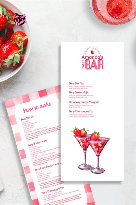 Bachelorette Strawberry Sweet Bar Cocktail Menu with personalized name & drinks in pink red retro design style party. Host the sweetest berry-themed Bachelorette cocktail party with this personalized drinks menu. This pretty vintage-inspired design reads 'Bride-to-be sweet Bar' with a section to customise the bride's name. edit your drink the full ingredients and how to make each drink. Perfect for a DIY bar set up at home, a private function or a hotel room celebration Bachelorette Menu Ideas, Bachelorette Drink Names, Bar Set Up At Home, Bachelorette Cocktails, Bachelorette Drink, Drink Names, Name Edit, Cocktail Names, Themed Bachelorette