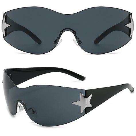 PRICES MAY VARY. 【TRENDY Y2K SUNGLASSES】– Oversized rimless sunglasses are very cool. One-piece lenses with wrap-around shield sunglasses to fit the contour of your face. A silver pentagram-shaped accessory on the side of the glasses, 2000s fashion style, show your unique personality. 【COMFORTABLE TO WEAR】– These y2k glasses are of good quality, lightweight frames look young and stylish, soft silicone nose pads keep the glasses from slipping off, metal hinges are compact and firm, and one-piece Funny Glasses Pictures, Glasses 2000s, Y2k Shades, Shield Glasses, Star Glasses, Y2k Glasses, Wrap Around Sunglasses, Futuristic Sunglasses, Y2k Sunglasses