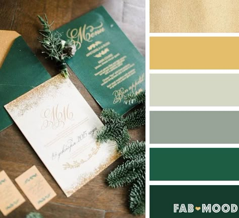 Emerald green and gold winter wedding color palette | fab mood                                                                                                                                                      More                                                                                                                                                                                 More Green And Yellow Wedding, Gold Winter Wedding, Teal Wedding Colors, Green Gold Weddings, Winter Wedding Color Palette, Green Combination, Christmas Color Palette, Best Wedding Colors, Gold Wedding Colors