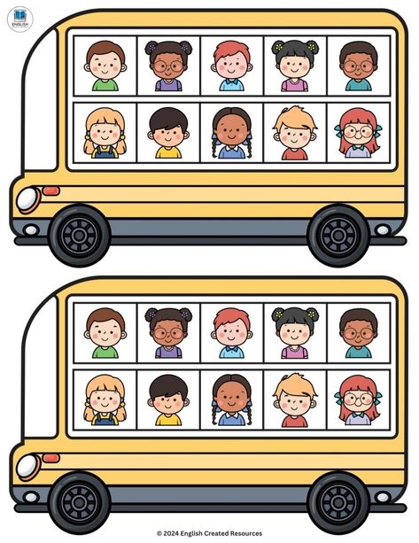 School Bus Theme Preschool, Kids English Worksheets, Preschool Bus Activity, Preschool School Bus Activities, Printable School Bus Template, School Bus Name Activity, Bus Activities, English Created Resources, Reading Comprehension Grade 1