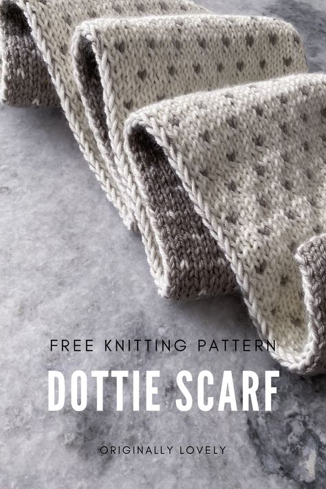 The Dottie Scarf knitting pattern is a free knitting pattern from Originally Lovely that is a perfect intro into double knitting. This free pattern makes a beautiful knit scarf featuring a unique reversed design on either side. Double Knitting Blanket, Cute Scarf Knitting Pattern, Reversible Scarf Knitting Pattern, Animal Scarf Knitting Pattern, Knit Scarf Patterns Free One Skein, Two Sided Knitting Pattern, Scarf And Hat Knitting Patterns Free, Two Strand Knitting, Worsted Weight Scarf Pattern Knit