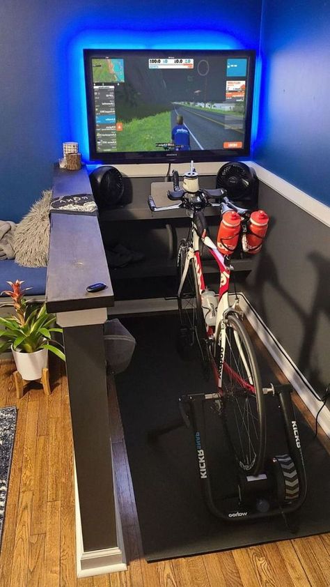 Zwift Setup Garage, Home Cycling Room, Zwift Cycling Setup Garage, Pain Cave Cycling Garage, Cycling Room Ideas, Bike Trainer Setup, Pain Cave Cycling, Zwift Cycling Setup, Zwift Setup