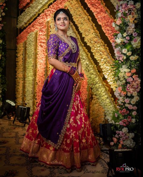 Purple Half Saree, Indian Wedding Reception Outfits, Floral Blouse Designs, Top Lehenga, Indian Fits, Saree Function, Dress Designs For Stitching, Half Saree Function, Lehenga Saree Design