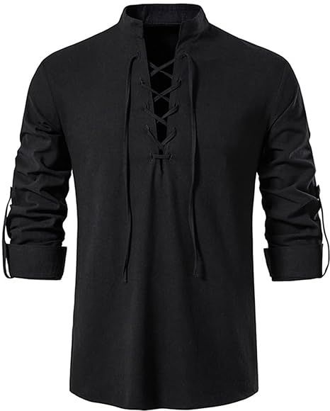 PRICES MAY VARY. Shirt Fabric:This mens shirt is made of cotton linen fabric.Soft,lightweight,stretch,comfortable and breathable.Keep you cool and relaxed all the time. Classic Design:Vintage Tops,Viking Pirate Costume,Medieval Renaissance,V Neck,Drawstring lace up,Stand Collar,Rolled Long Sleeves,casual style,loose fit. Pair With:Our Hippie Shirt perfect pair with beach pants,shorts,and casual trousers,or pair it with yoga pant,jeans or some traditional clothing for a simple and stylish unique Stand Collar Shirt, Laced Up Shirt, Linnet, Styl Retro, Outfit Casual, Casual Blouse, Henley Shirts, Collar Shirts, Moda Casual