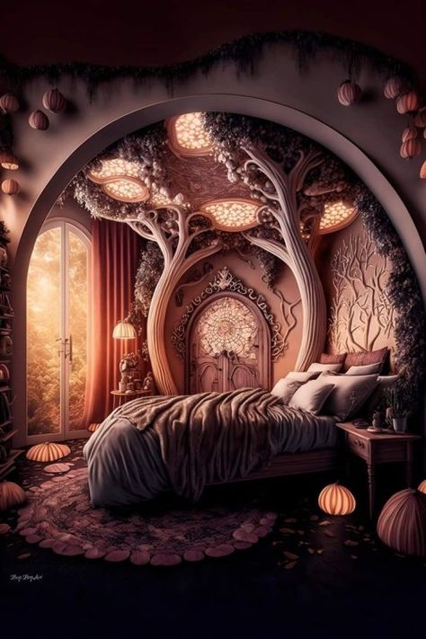 𝕸𝖗𝖘.𝕮𝖍𝖆𝖗𝖒𝖎𝖓𝖌𝕽𝖔𝖘𝖊 Fae Bedroom, Modern Gothic Bedroom, Fantasy Bedroom, Fantasy Furniture, Fantasy Rooms, Hobbit House, Fantasy Homes, Fantasy House, Fantasy Places