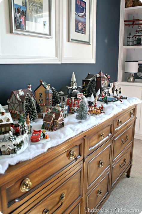 Christmas Village Display Ideas, Village Display Ideas, Christmas Tree Village, Christmas Village Sets, Lemax Christmas Village, Lemax Christmas, Diy Christmas Village, Thrifty Decor Chick, Christmas Village Houses