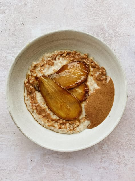 Cardamom Porridge with Sticky Maple Pears Espresso Butter, Dish Art, Pan Fry, Unique Architecture, Sweet Breakfast, Beautiful Food, Aesthetic Food, Ayurveda, Food Inspiration