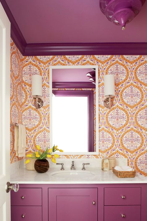 Stylish Ceiling Design, Andrew Howard, Ceiling Design Ideas, Blue Green Paints, T Wallpaper, Purple Bathrooms, Eclectic Bathroom, Purple Interior, Purple Rooms