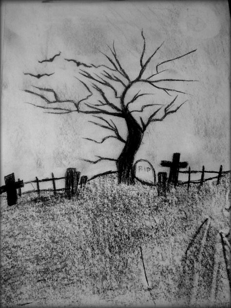 drawn cemetery and tree. Halloween Tree Drawing Easy, Cemetery Drawing Easy, Cemetery Drawing Graveyards, Cemetery Painting Easy, Tomb Stone Drawing, Grave Yard Drawing, Graveyard Sketch, Haunted Drawing, Cemetery Drawing