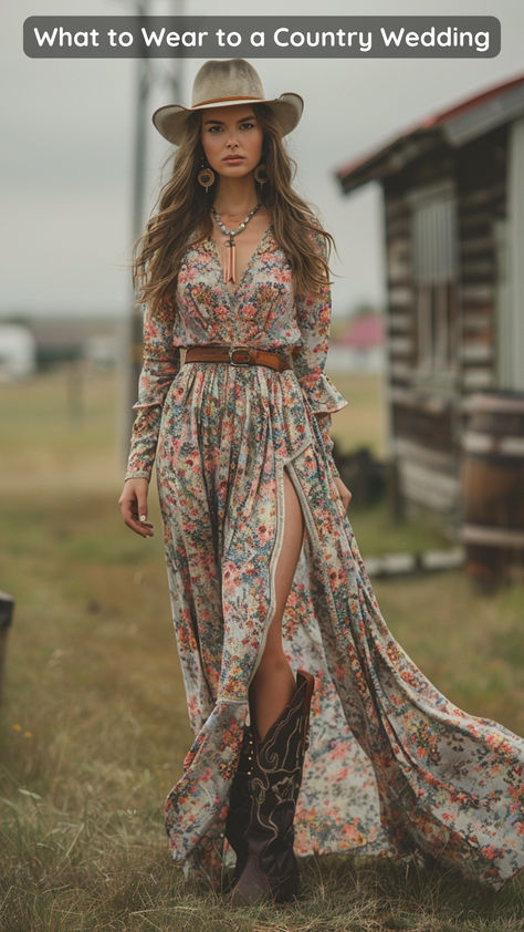 female guest at a country wedding Texas Dress Outfits, Western Boho Dress Outfit, Jean Wedding Outfit Women, Western Floral Dress, Winter Western Wedding Guest Outfit, Western Themed Wedding Guest Outfit, Country Formal Dress, Winter Country Wedding Guest Outfit, Barn Wedding Dresses Guest