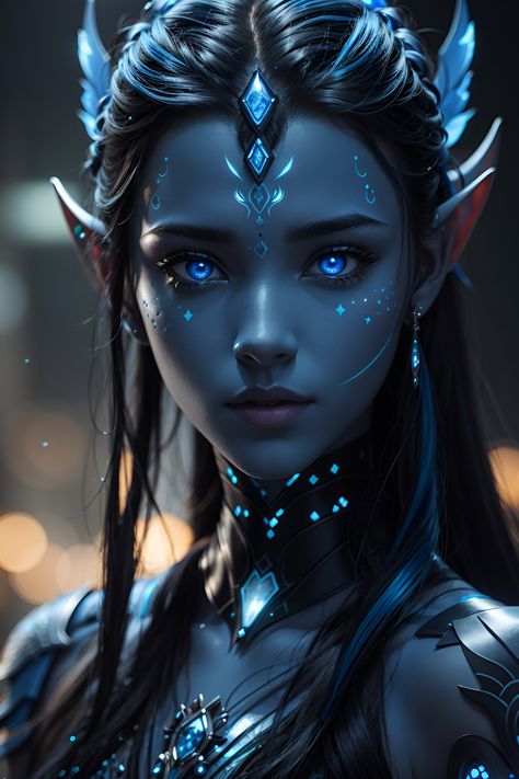 Glowing Blue Eyes, Dnd Elves, Blue Skin, Elves Fantasy, Female Elf, Elf Art, Alien Girl, Avatar Fan Art, Skin Colour